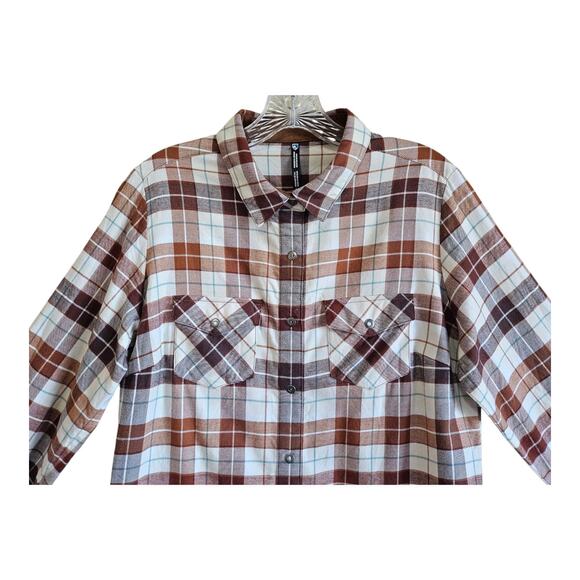 KUHL Women M Tess Flannel Shirt Snaps Corduroy Trim Brown Plaid Cotton Tencel 40 - Picture 2 of 11